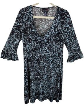 Scarlett Vintage Blue Black V-Neck 3/4 Sleeve Accordion Knee Length Dress Sz 14